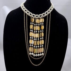 Gold Tone Multi Strand Faux Pearl Statement Necklace Choker‎ Layered 13"